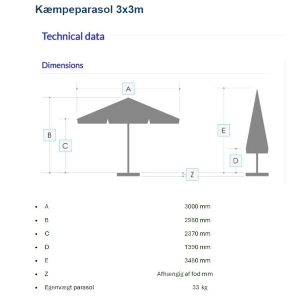 Kjempeparasoll - 3x3m uten friskant - NY - Bilde 2