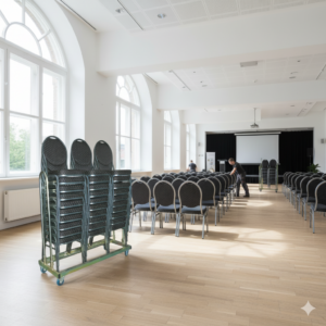 30 Banquet stålstoler i svart inkl. vogn til 30 stoler