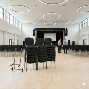 30 Økonomi Polstring stablestoler i sort inkl. stolvogn