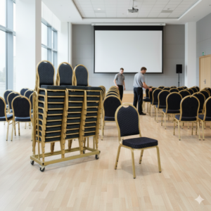 30 Banquet Premium stablerstoler i blå inkl. stolvogn