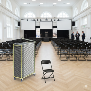 50 Event klappstoler uten polstring i svart inkl. stolvogn