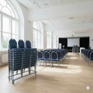 30 Banquet stålstoler i blå inkl. vogn til 30 stoler