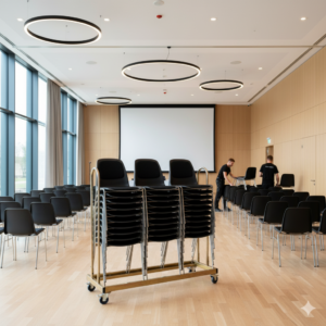 30 Bertram stablerstoler med polstring i svart inkl. stolvogn