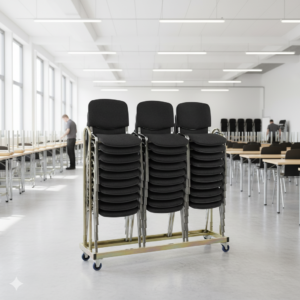 30 Økonomi Polster stablerstoler i svart inkl. stolvogn for 30 stoler